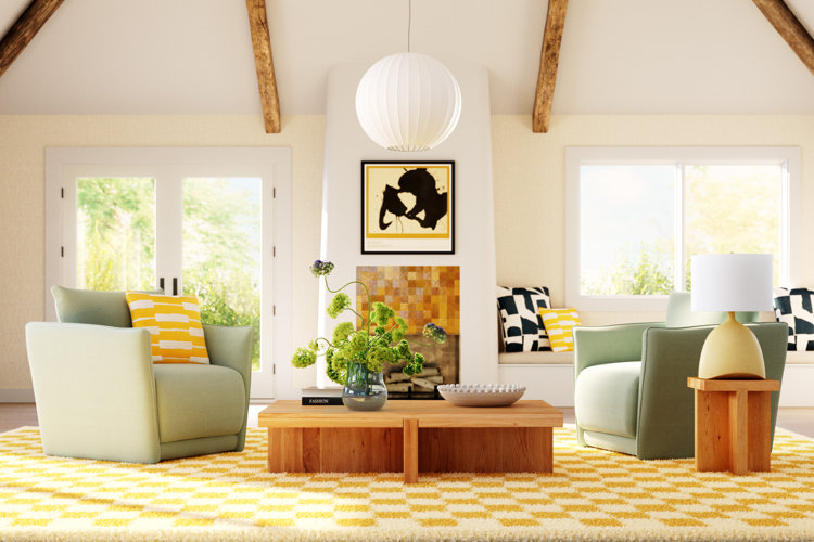 organic modern living room with a white paper pendant light, two green armchairs, and a low wood coffee table