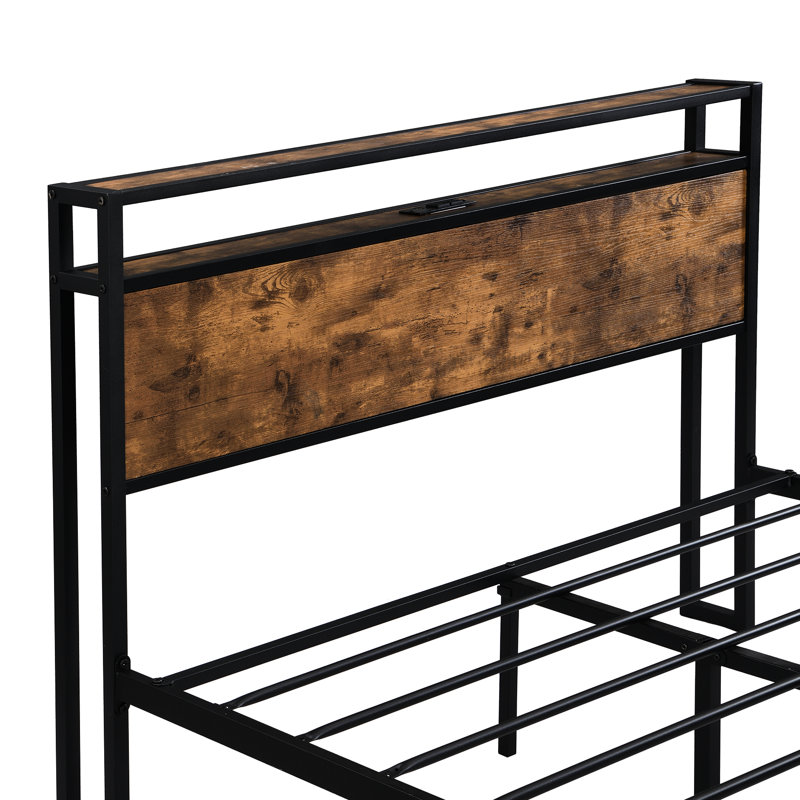 Structure de lit plateforme en métal de taille avec extrémités en bois - Lié, beaucoup de rangement sous le lit, aucun sommier nécessaire, facile à construire et stable, silencieux, s'adapte aux matelas de 8 pouces et plus, tête de lit double noire / brune et