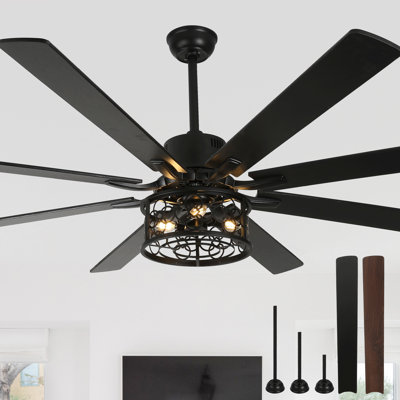 Mazie 72'' Black Caged Ceiling Fan with Lights and Remote, Indoor/Outdoor Large Farmhouse Ceiling Fan For Living Room, 6 Speeds Reversible DC Motor Chandelier Fan 