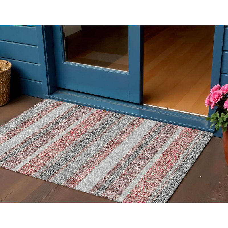 3' X 5' Burgundy And Silver Striped Washable Indoor Outdoor Area Rug, Rectangle 3' X 5'