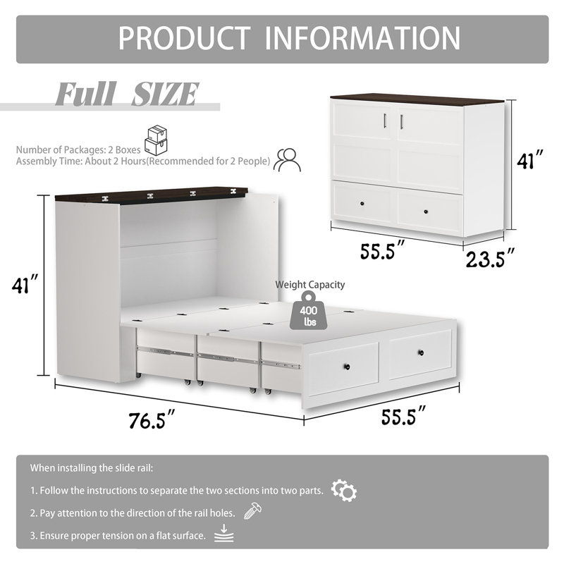 Farmhouse Murphy Bed Cabinet With Storage Drawer, USB Charging Station & Fold-Out Design, Full