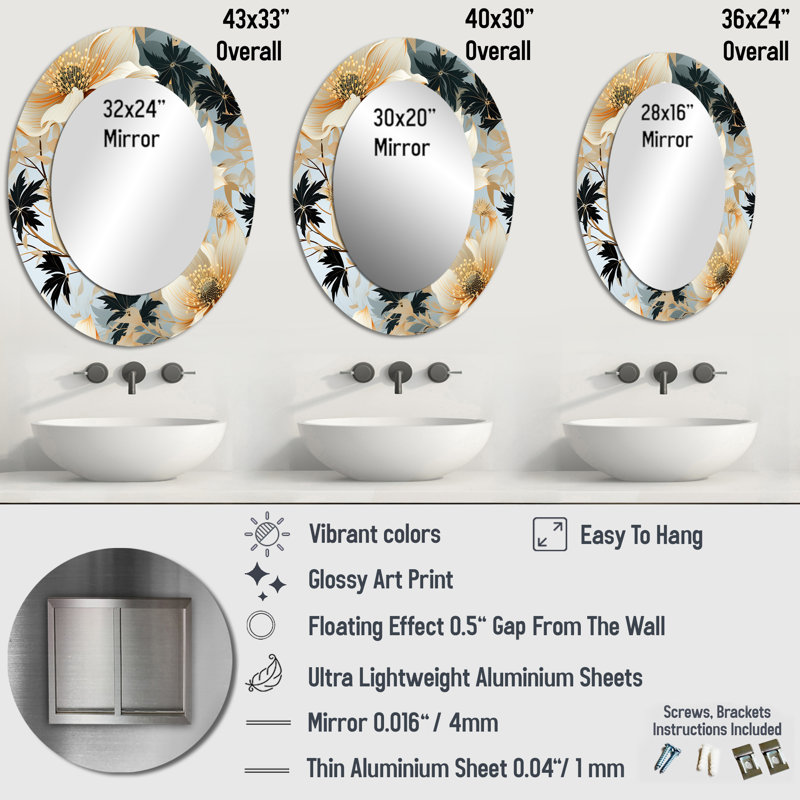 Delicate Magnolia Dreams - Miroir mural ovale blanc, H 43 po x l 33 po