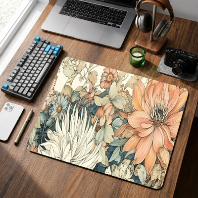  Rubber Mouse Pad, Smooth Microfiber Surface, Non-Slip Base, Rounded Edge Decorative Mouse Mat for Office & Gaming,12×8 Inch ,Peach Botanical Line Art