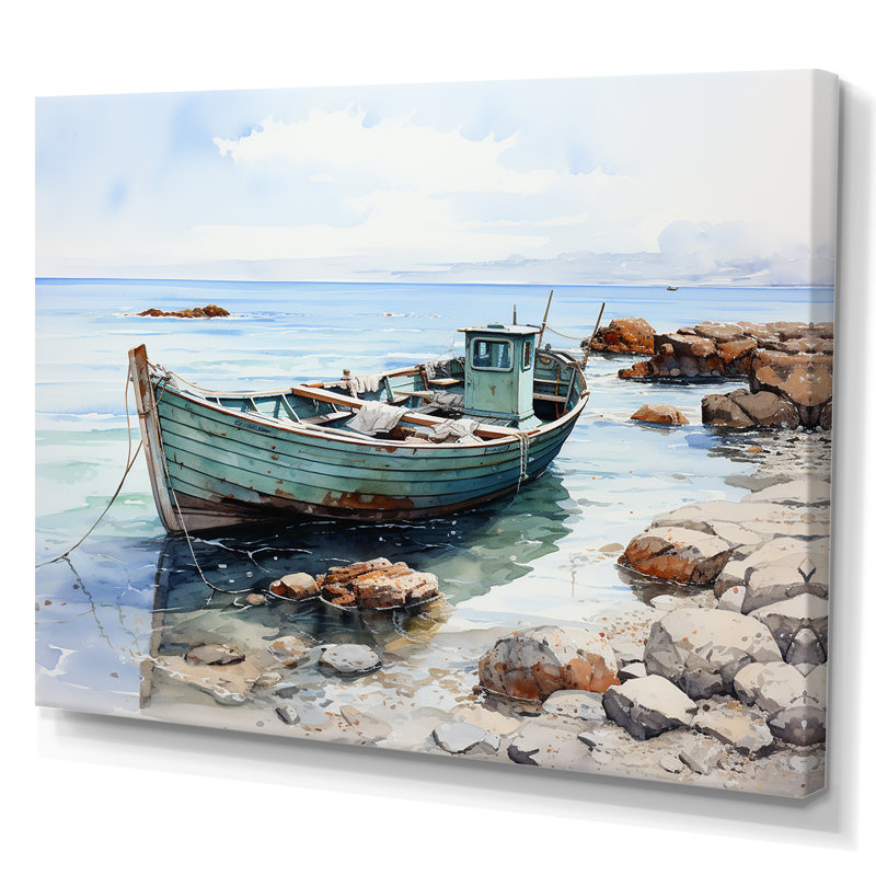 «Fishing Boat At The Beach I», reproduction sur toile, H 12 po x l 20 po x P 1 po, Cadre simple blanc