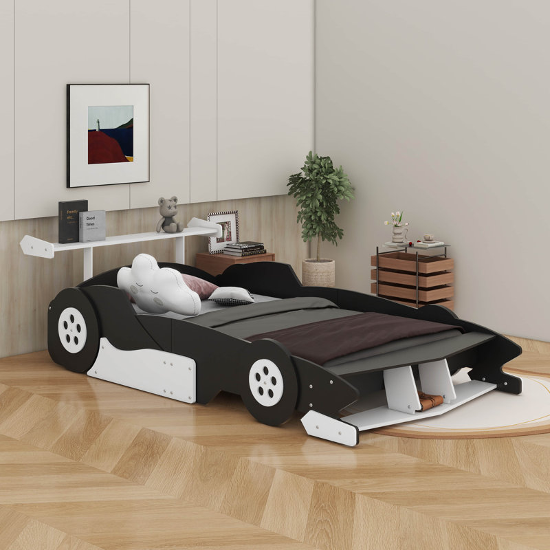 Race Car-Shaped Platform Bed With Wheels, Black, Full / Double
