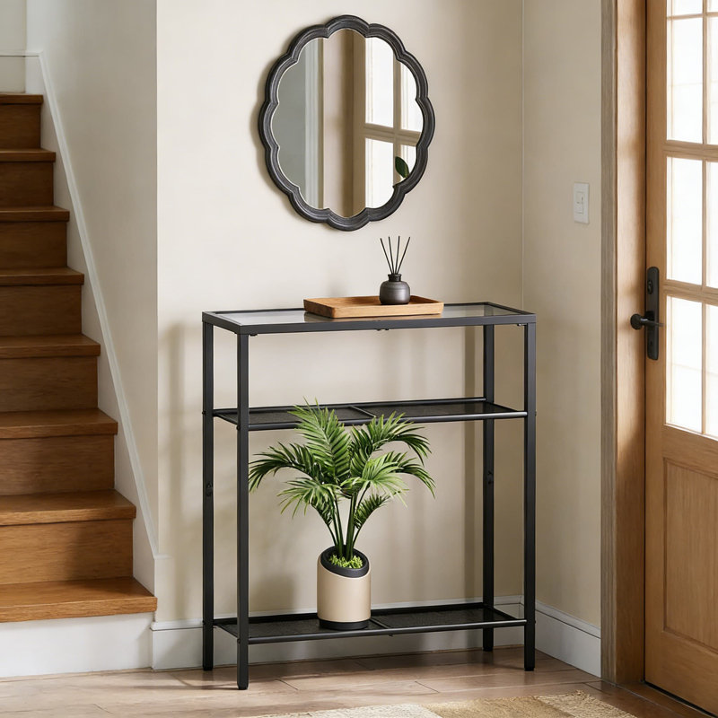 Console moderne étroite avec un design en verre trempé à 3 niveaux, une table de canapé mince pour l'entrée, le salon, le couloir ou la chambre à coucher