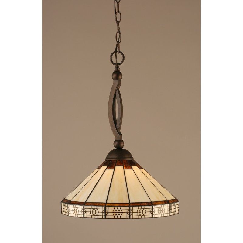Bow Chain Hung Pendant Glass, Brushed Nickel, 20.75", Honey and Brown Mission Tiffany