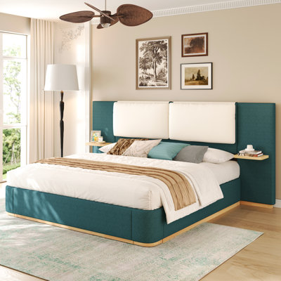 Upholstered Queen Bed, Integrated Shelves For Convenience, Comfortable Quiet Design, Color - Blocked Bed Frame, Slats Mattress Size Platform With Panel, Soft Rounded Corners , Side Items, Cloud Like