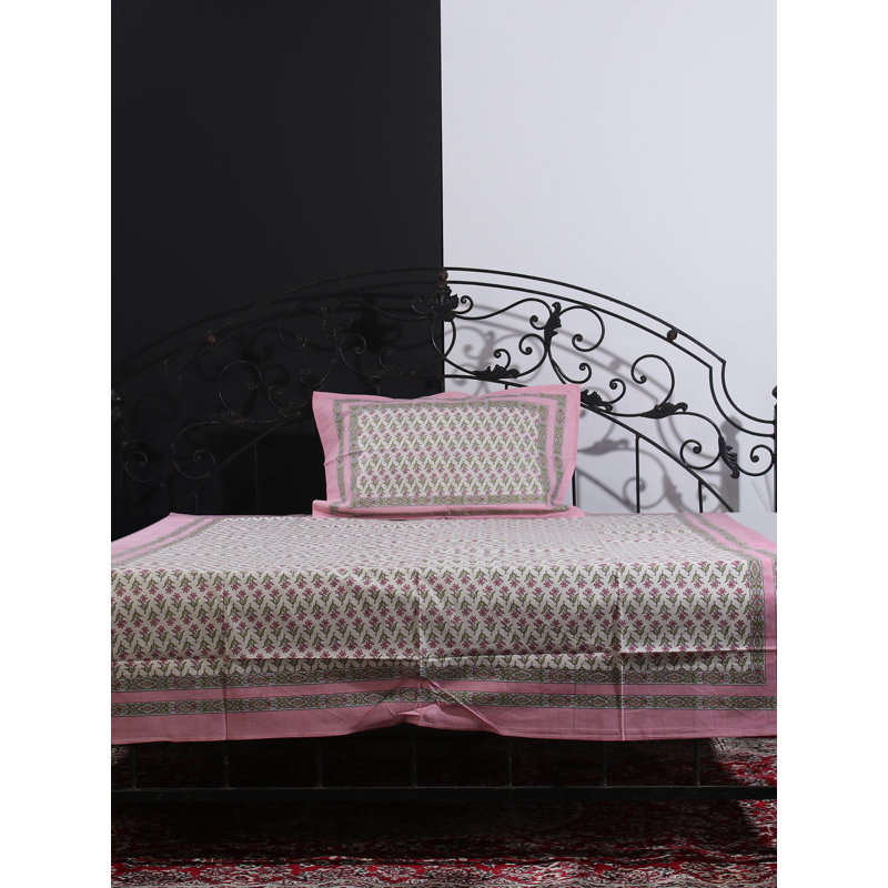 Jasmine White Bagru Floral Handblock Printed 100% Cotton Single Size Bedsheet Set – Pink & Green Traditional Indian Block Print, 1 Pillow Cover