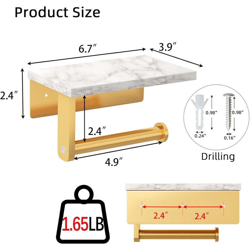  Toilet Paper Holder With Natural Marble Shelf,Wall Mounted,Polished Finish
