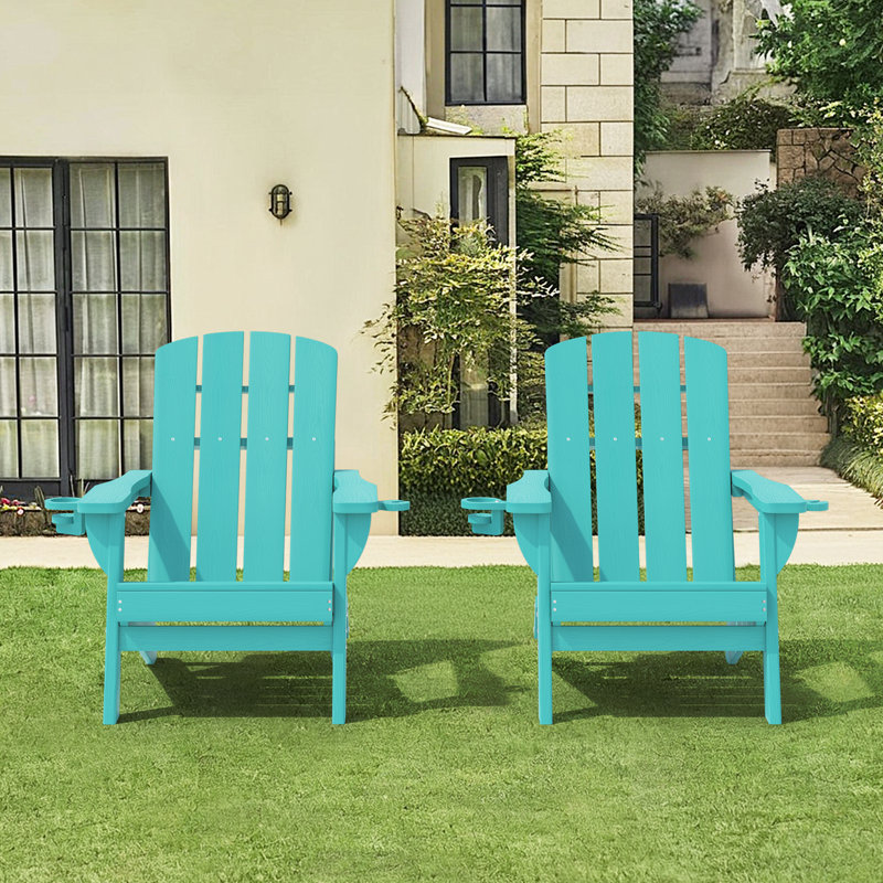 Chaises de foyer d'extérieur pliables en PEHD résistantes aux intempéries avec porte-gobelet Adirondack, Bleu lac