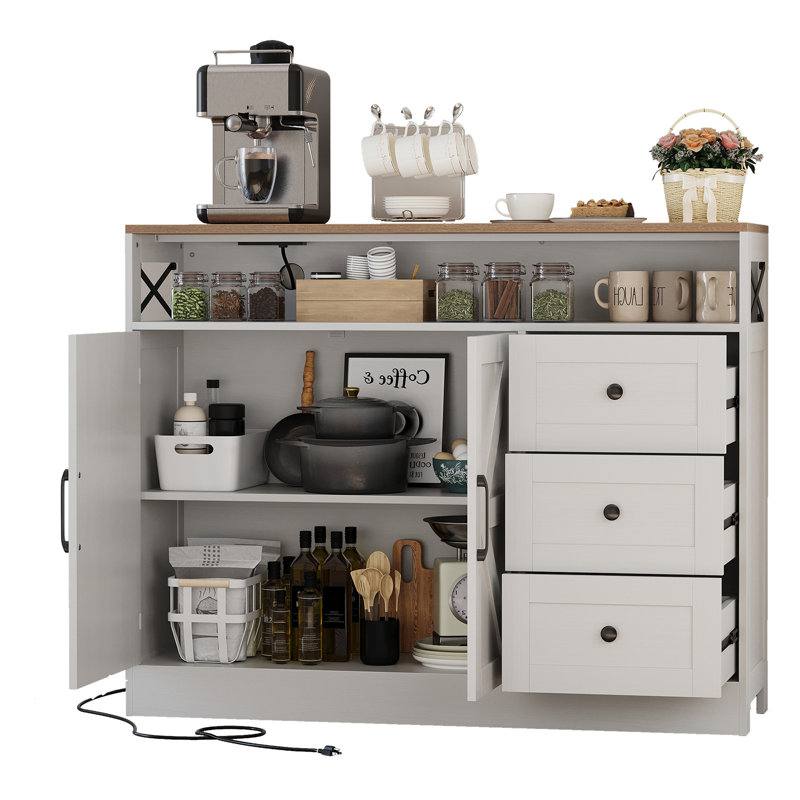 47 in Farmhouse Sideboard Buffet Cabinet with Storage, 2 Barn Doors and 3 Drawers, Coffee Bar Station Table with Built-in Power Outlet for Kitchen, Livingroom, White