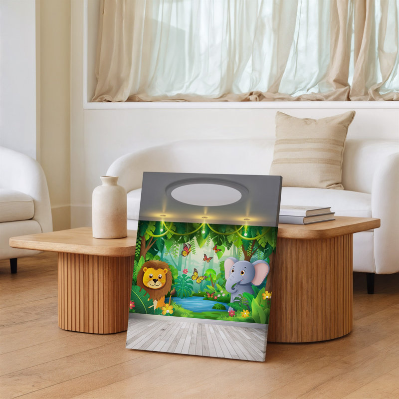 Reproduction d'art sur toile, "Une scène de jungle fantaisiste" avec un lion joyeux, une crinière moelleuse et un éléphant ludique