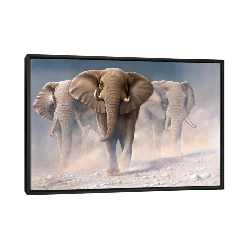 «Run Elephants I», impression sur toile, H 40 po x l 60 po x P 1,5 po, Toile avec cadre noir, Pas de tapis