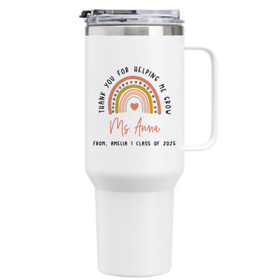 Verre personnalisé 40 oz avec poignée, motif de remerciement arc-en-ciel, texte du nom, cadeau de l'enseignant