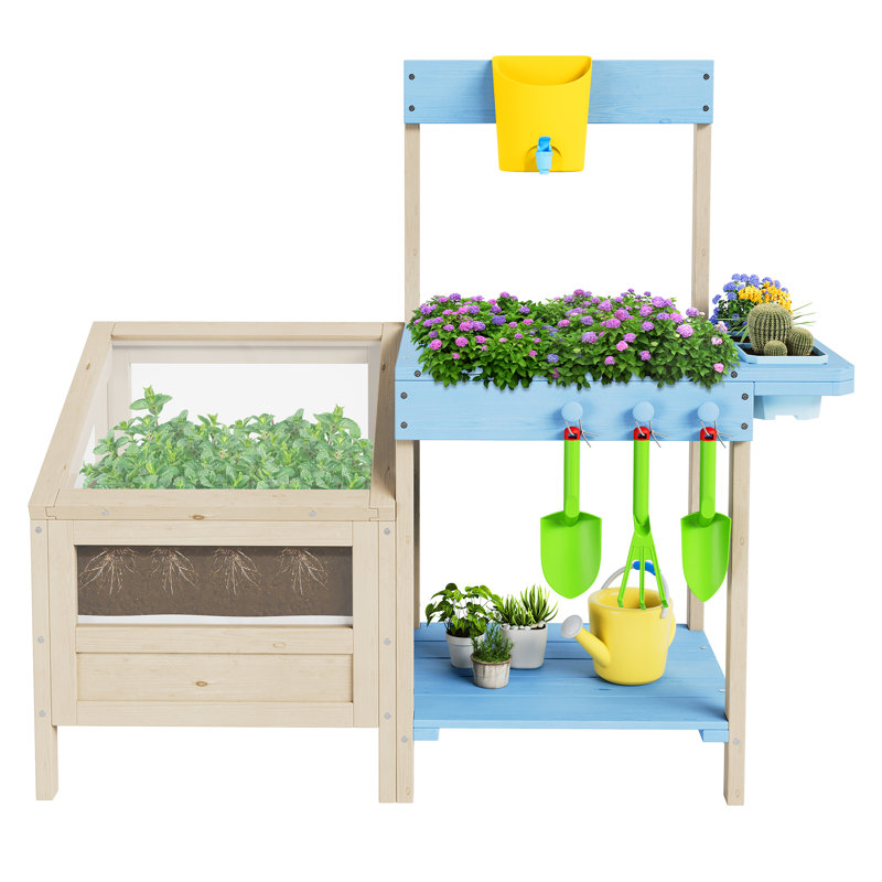 Cuisine en bois et établi de rempotage pour enfants dès 3 ans | Visionneuse de racines transparente, évier amovible et outils de jardinage pour l'apprentissage des sciences, des technologies, de l'ingénierie, des arts et des mathématiques (STEM)