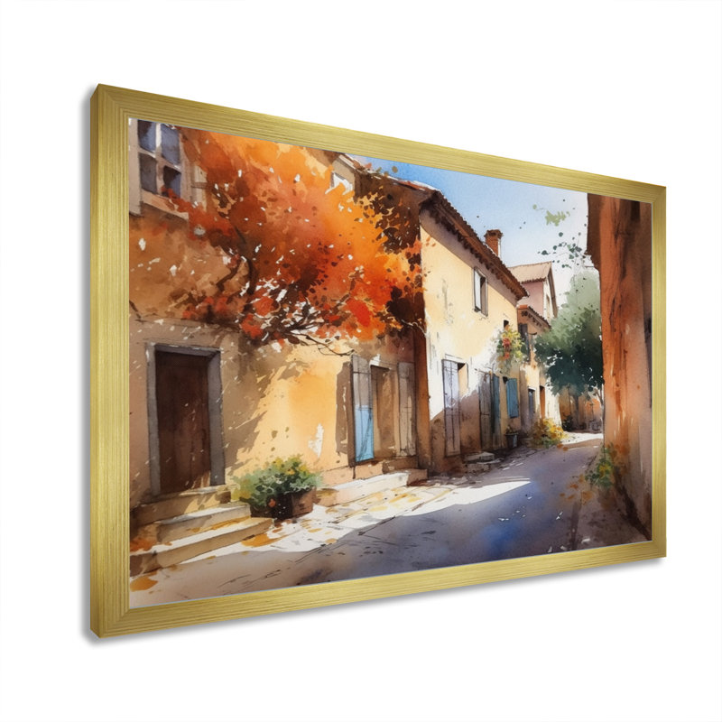 Jaegar, village méditerranéen, rue III, sur toile, H 24 po x l 32 po x P 1 po, Encadrement doré