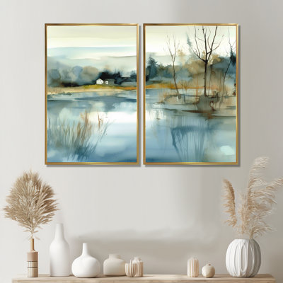 Summer Lake Landscape Illustration V - Large Lake Wall Art 2-Panels