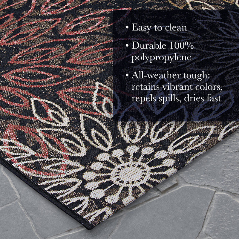 Sauget Floral Black Multicolor Indoor Outdoor Area Rug, Rectangle 5'3" x 7'6"