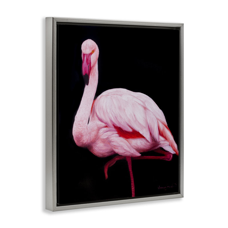 Flamant rose contrastant sur cadre flottant noir, design par James Corwin, H 21 po x l 17 po, Cadre flottant gris lustré