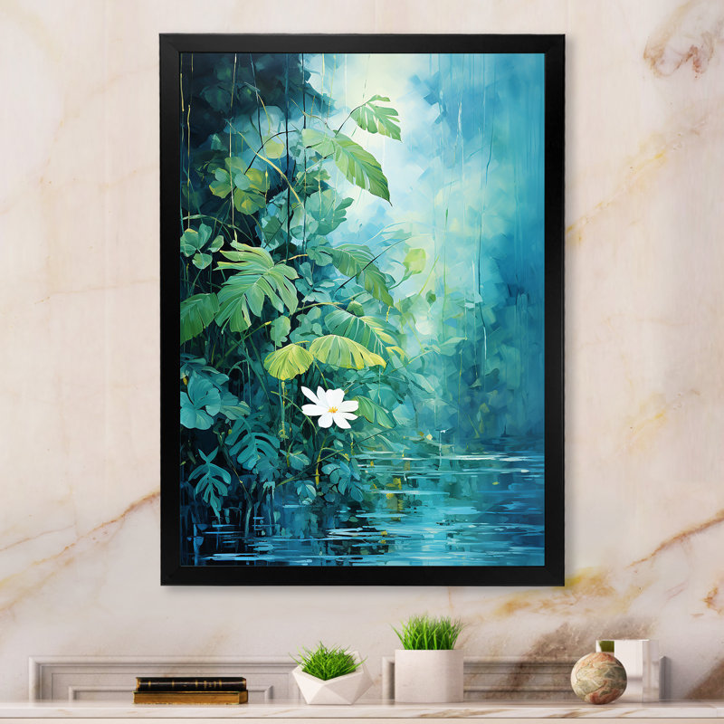 «Blue Tropical Plants Mirage 4 - Jungle», art mural, Cadre photo noir simple, H 32 po x l 24 po x P 1 po