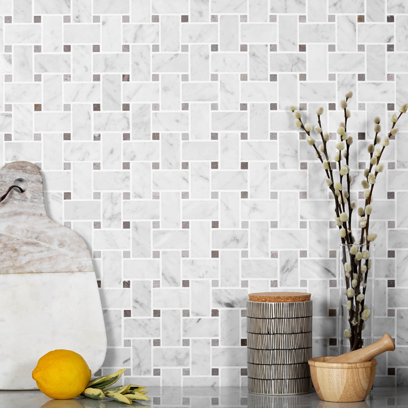 12" x 12" Natural Stone Basketweave Mosaic Wall & Floor Tile, White Beige