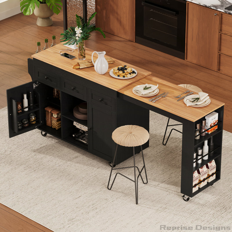 K&K 85.5" Kitchen Island with Extendable Dining Table, Kitchen Storage Table with 3 Side Open Shelves, Rolling Kitchen Island with Power Outlet, 3 Drawers, 2 Doors, for Kitchen, Dining Room