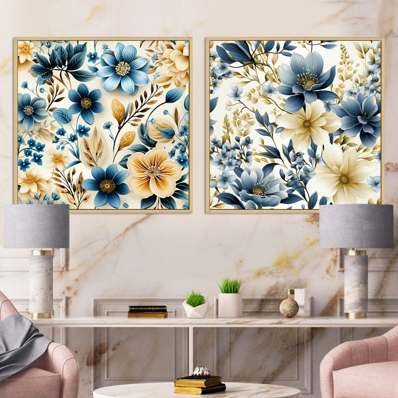 Crosstown - Ensemble de 2 collages carrés floral et botanique, Cadre flottant brun, H 30 po x l 61 po