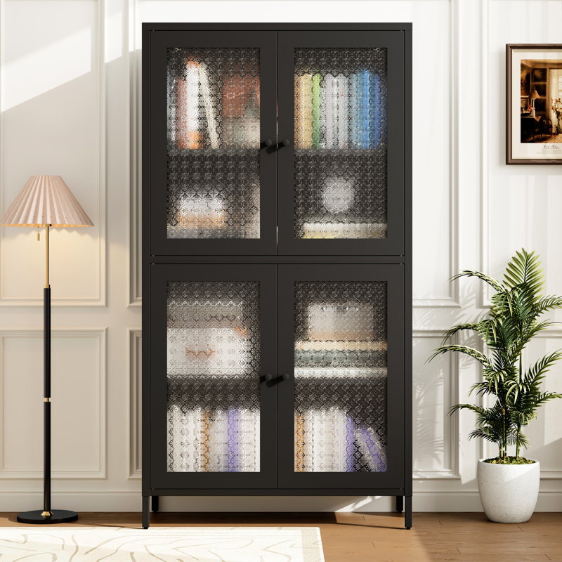 Black Metal Cabinet With 4 Shelves And Glass Door Compartments - Freestanding For Office, Living Room, Kitchen Elegant Style 4-shelf Reinforced Tempered Bathroom Storage