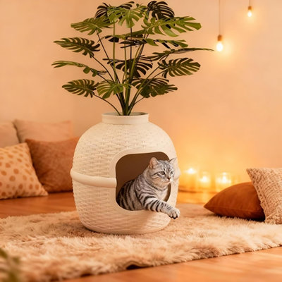 Enceinte décorative en forme de rotin pour litière pour chat avec plante artificielle, meuble pour chat robuste en PP avec pierres naturelles lestées, lit d'intimité multi-usage pour chats de taille moyenne jusqu'à 25 lb, facile à assembler et à nettoyer
