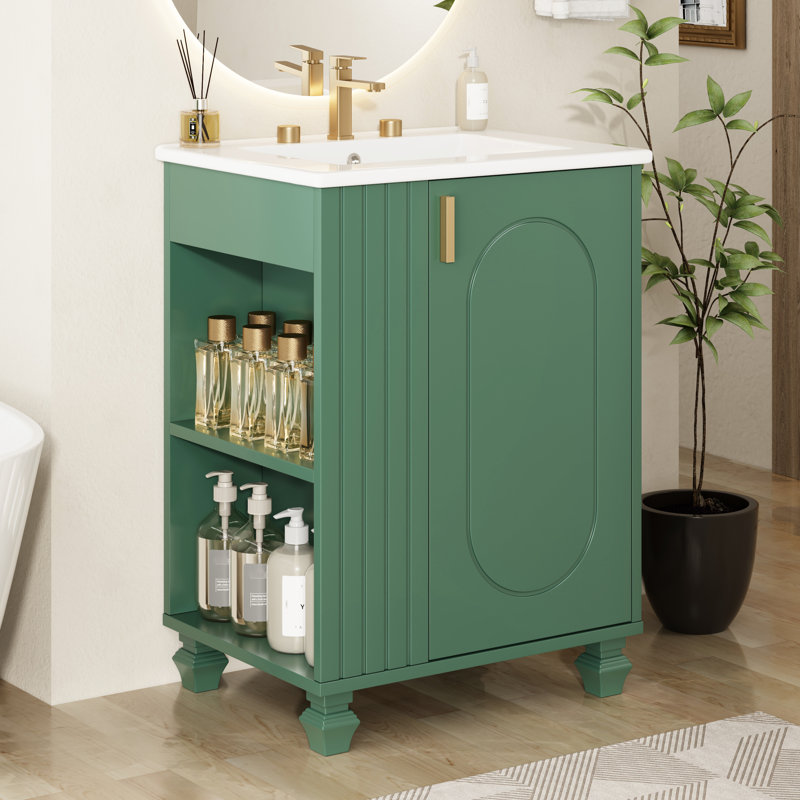 Meuble-lavabo de 24 po avec lavabo en céramique, structure en bois massif, étagères multifonctionnelles, porte, finition classique rétro, rangement sous l'évier, 2 tablettes, design, plomberie facile