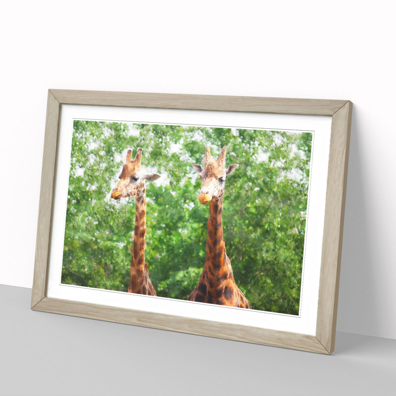 Two Giraffes Vol.2 - Picture Frame Painting, Oak Framed, 48cm H x 65cm W x 2cm D