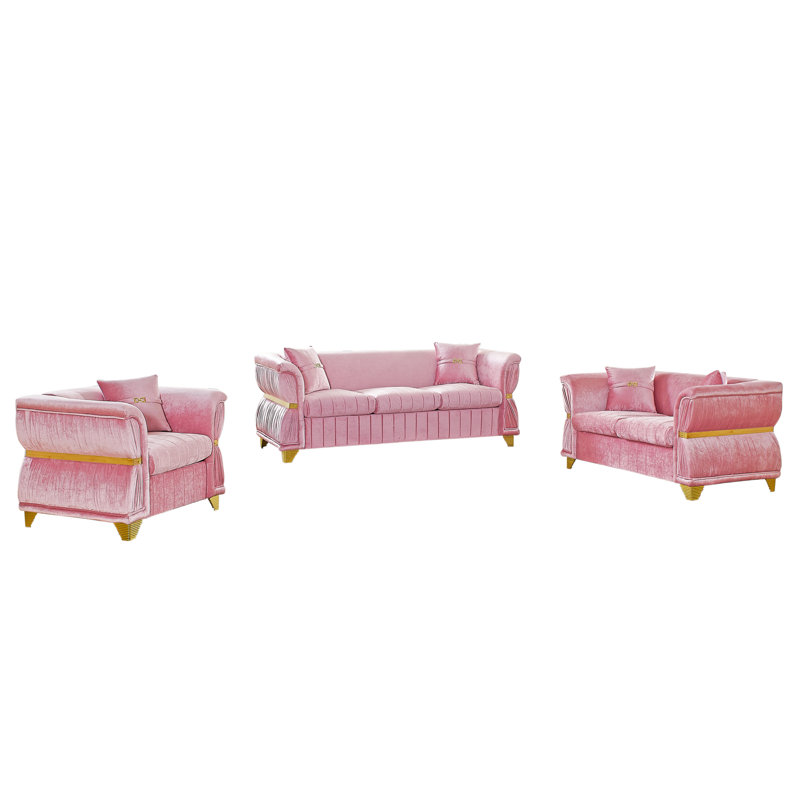 Modern Sofas Set, Pink Velvet 3 Piece With Gold Metal Trim For Home