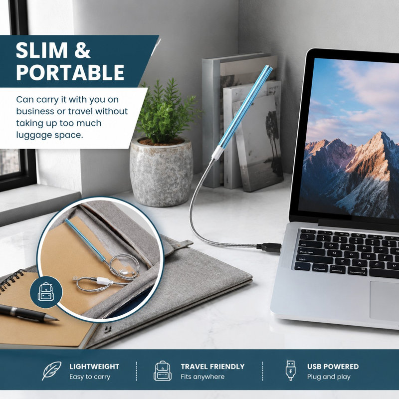 Lot de 2 lampes DEL portatives alimentées par USB pour claviers d'ordinateurs portables et ordinateurs, en noir et bleu, avec bras flexibles, variateur tactile, position ajustable et idéales pour la frappe nocturne.