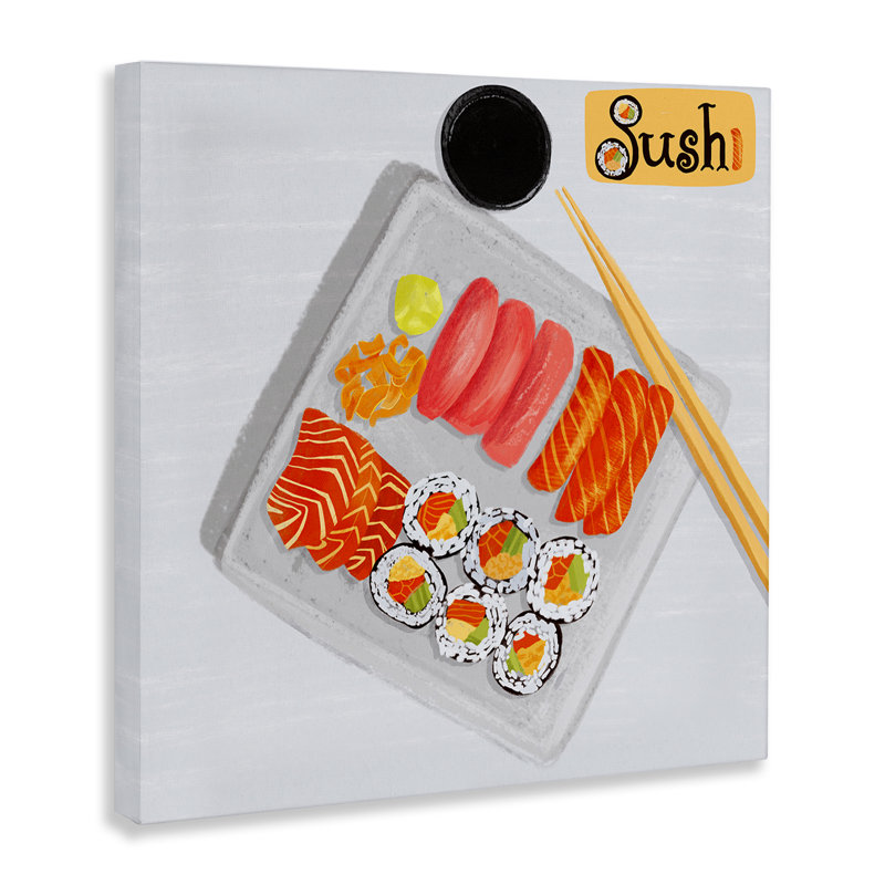 Délicieuse assiette à sushi sur toile, design par Juliet Rose Philips, H 17 po x l 17 po