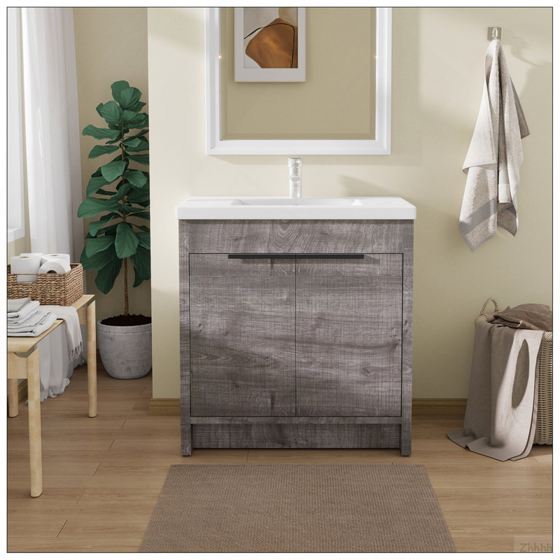 Meuble-lavabo autoportant de 30 po avec lavabo, tiroir en céramique, contreplaqué, gris, Grey