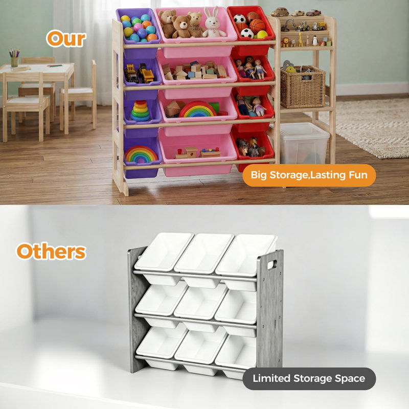 Rangement pour jouets d'enfants en bois massif avec 12 bacs et 3 tablettes ouvertes