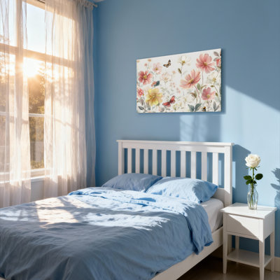 Floral, aquarelle, fleurs roses et jaunes avec papillons, reproduction d'art sur toile tendue sur toile, ensemble de 1