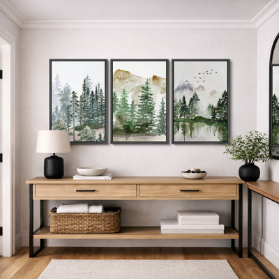 Woodland Forest Landscape "Nature Green Pine Trees Artwork, Rustic Modern Living Room Wall Painting, Large Framed Canvas Giclee Print 3 Pieces Wall Art Set" 16"x24"x3 pcs, 24"x36"x3 pcs, 20"x60"x3 pcs