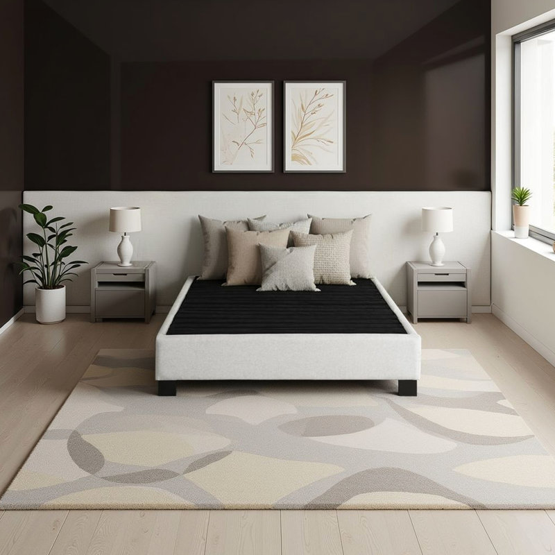 Lit plateforme tapissier grand moderne avec revêtement en avoine, peuplier de 81 po, 61 po de profondeur, 14 po de hauteur, 14 po et cadre - Rembourrage en mousse américaine, placages de couleur requis, sans sommier tapissier