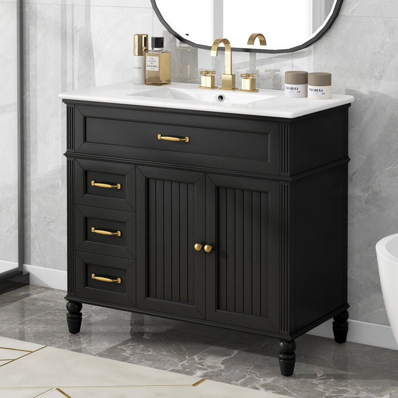 Umberly  36" Traditional Bathroom Vanity with Smooth Ceramic Sink and Solid Wood Construction, Black