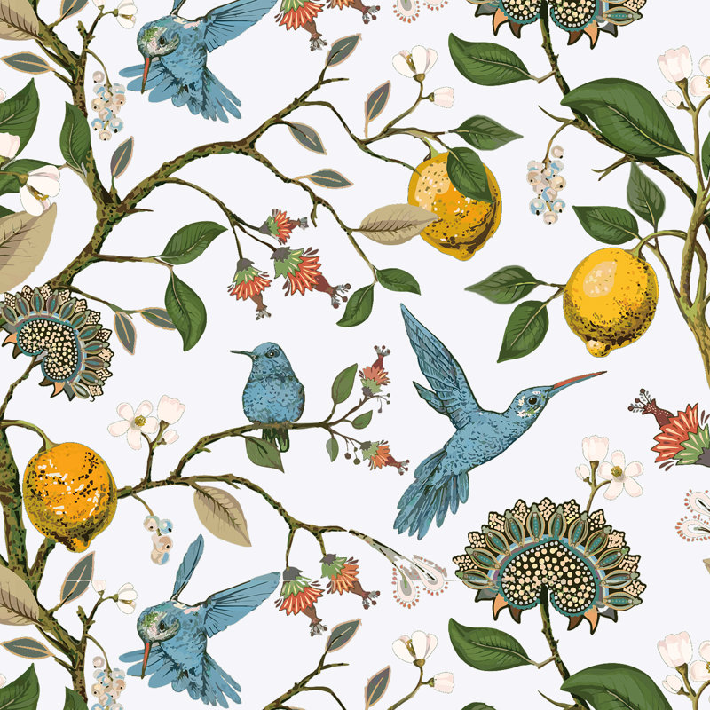 Fancy Hummingbird Patterned Room Darkening Curtain,Rod Pocket Back Tab Floral Drapes,Set of 2, White, 52" W x 108" L
