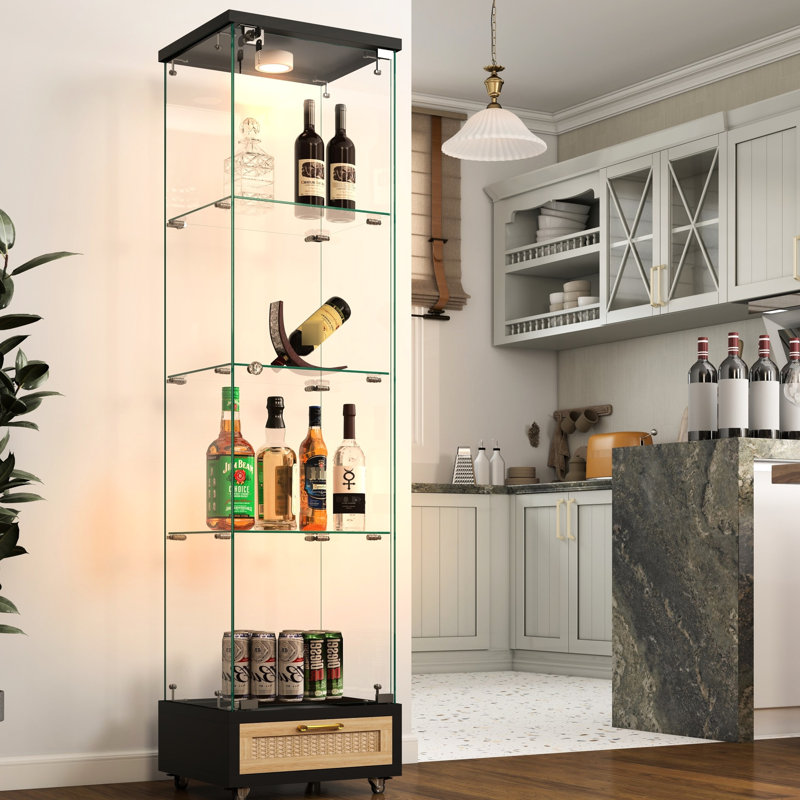 Verre trempé, 1 porte, étui de rangement, 4 tablettes, tiroir, 13 lumières à DEL de couleur, chambre à coucher, salle à manger, cuisine, bibliothèque à roulettes lisses, présentoir élégant