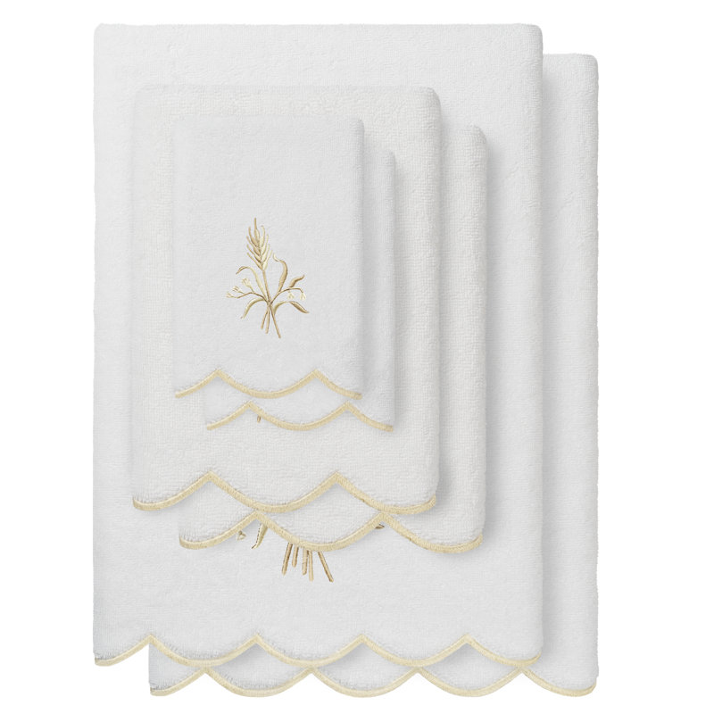  100% Turkish Cotton WHITNEY Scallop 6PC Embellished Towel Set, White/Beige, 6 Piece Towel Set