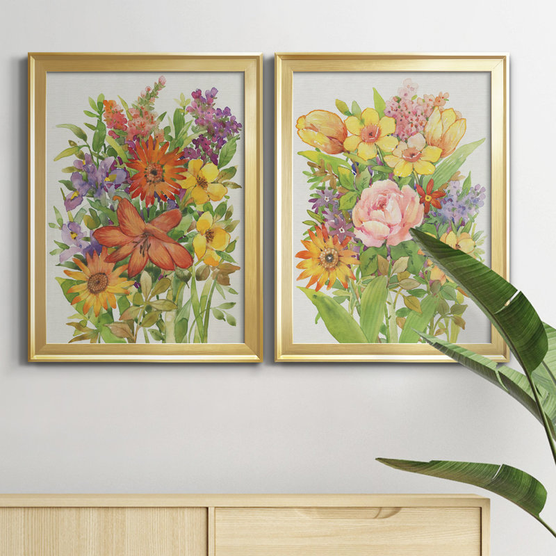 Floral Mix I - ensemble de 2 impressions encadrées sur toile, Cadre doré, H 30,5 po x l 22,5 po x P 1,25 po