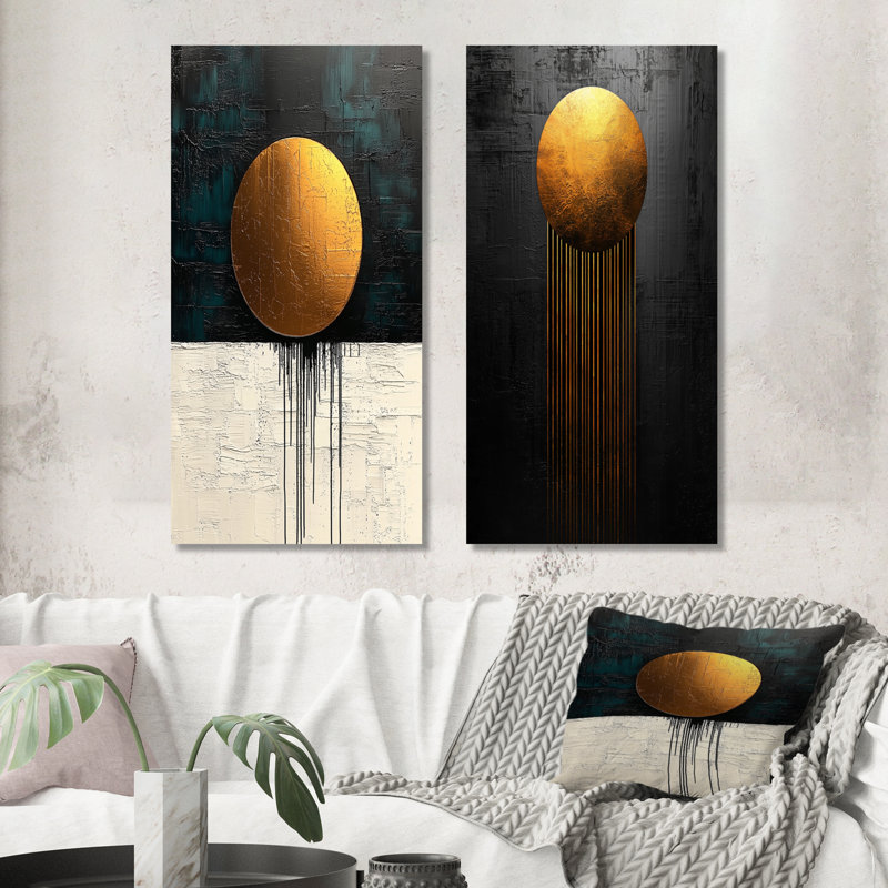Lune sans limite dorée et noire, collection d'art abstrait 2 pièces, Toile tendue, H 28 po x l 25 po