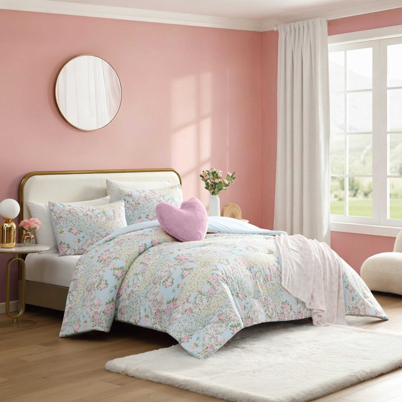 Betsey Johnson Patchwork Floral Reversible Blue Comforter Bonus Set, Twin Comforter + 3 Additional Pieces