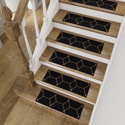 Slip-Resistant, Non-Adhesive, Durable, Stain-Resistant, Washable 8.5x26 in. Stair Treads to Enhance Safety, Protect Stairs, and Reduce Noise.  Contemporary Geometric Design