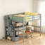 Lit mezzanine double avec bureau, tablettes de rangement et escalier, maximisant l'espace et améliorant l'organisation