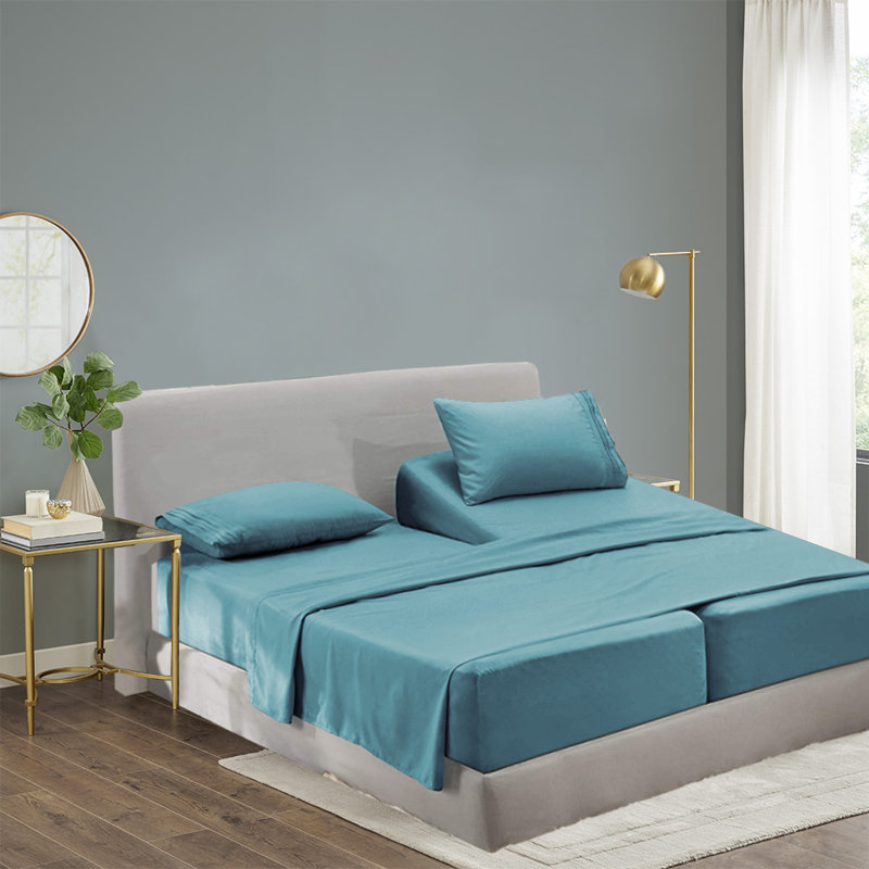  Ensemble de draps 1800 fils en rayonne de bambou, Bleu sarcelle, Simple TG